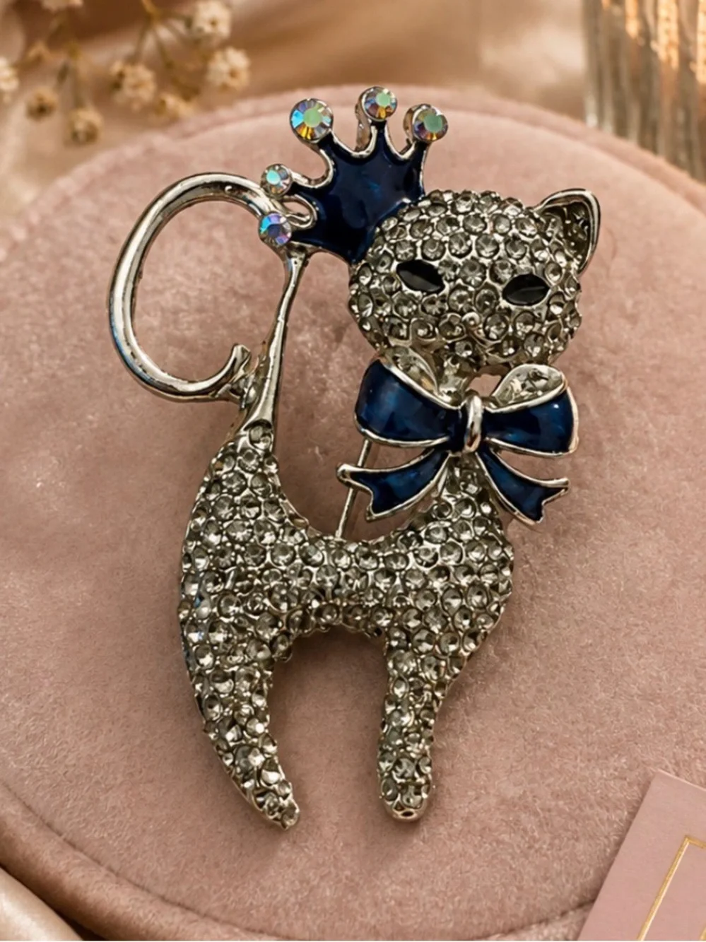 Crystal Cat Brooch with Navy Bow and Crown
